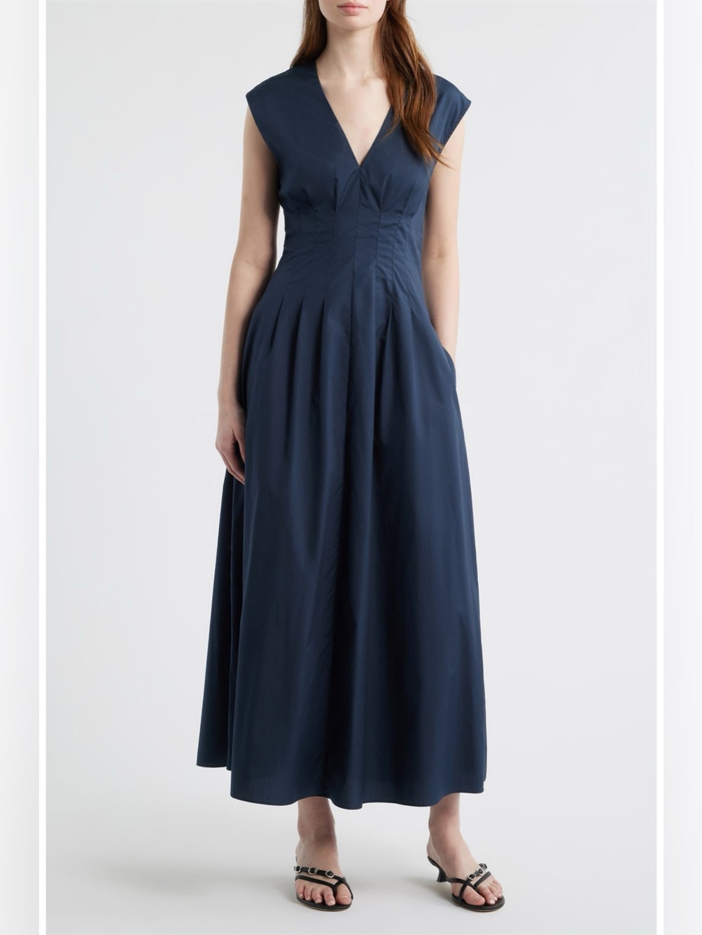 rag & bone Ines Pleated Poplin Maxi Dress Sleeveless Navy Size 8 - Picture 1 of 14